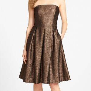 Hunter Bell NY Strapless Metallic Jacquard Bronze Fit & Flare Cocktail Dress 8